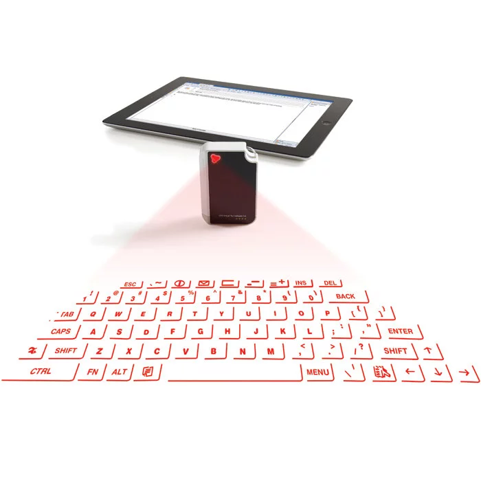 The Virtual Keyboard displays a laser outline of a full-sized QWERTY keyboard in front of it, while an optical sensor tracks a user's finger movements as they type