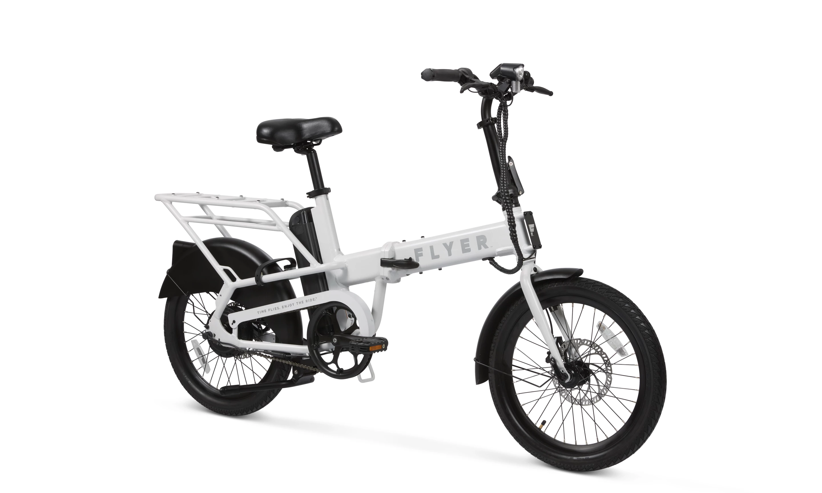The Flyer Folding Cargo offers five levels of pedal-assist from the 350-W hub motor, and up to 40 miles of per-charge riding from the removable battery housed behind the seatpost