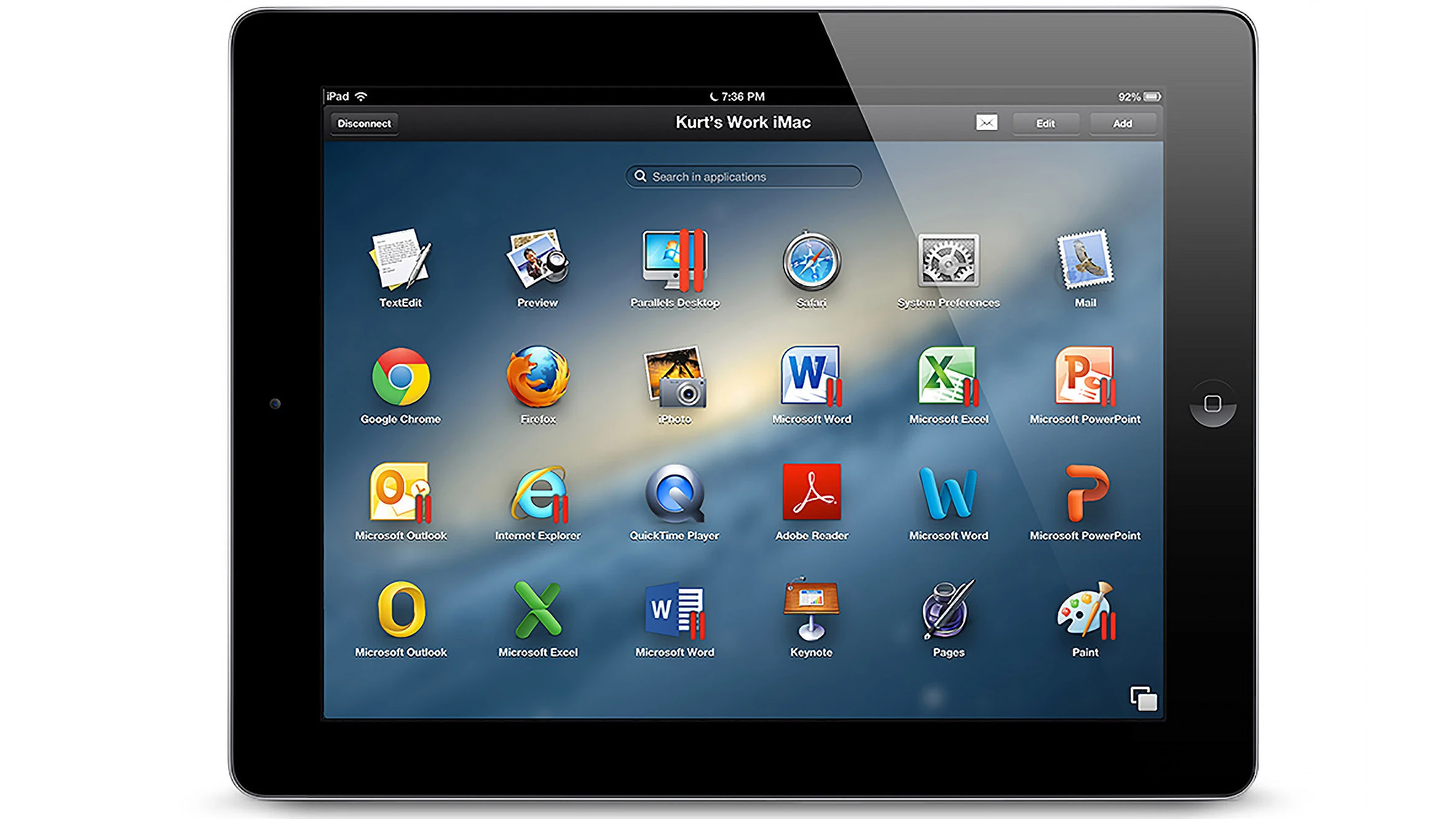 Parallels Access has an app launcher that simulates the look of the iPad's home screen