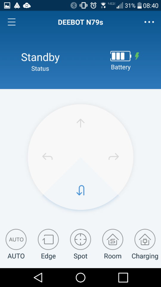 Once setup is done, the Deebot N79S can be controlled through this front screen of the Ecovacs app