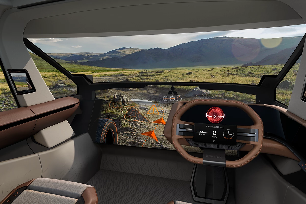 A highlight of the D:X design is the physical/virtual combination of increased front glass and digital camera display with information overlay. The pillars also have view panels to increase peripheral view