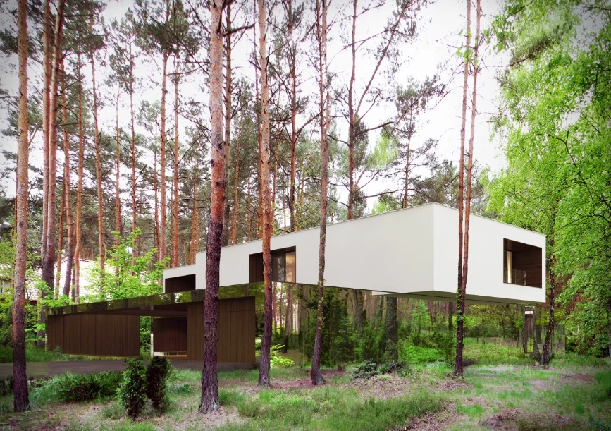 A mirrored facade gives the illusion that the upper half of the home is floating in mid air above the forest bed