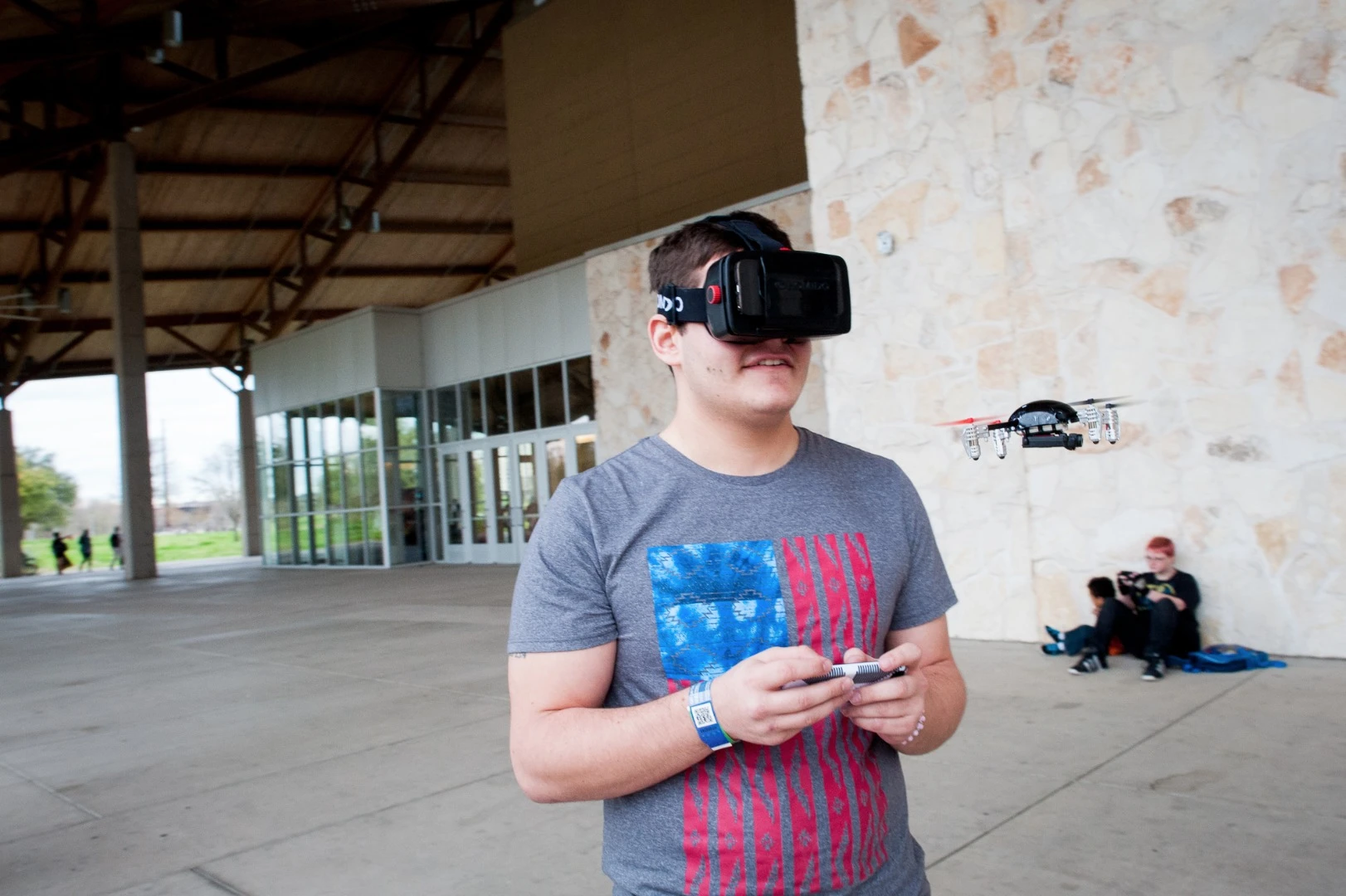 Users can slap on a headset to better immerse themselves in the first person view flying experience