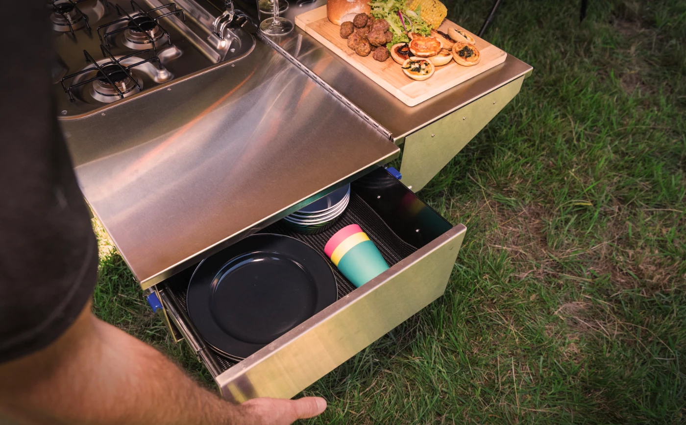 A sliding, folding outdoor kitchen will give the Solitaire serious gourmet potential