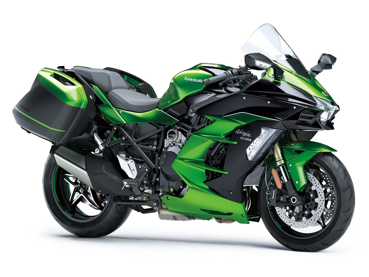 The 2018 Kawasaki H2 SX can be optionally equipped with 28 l (7.4 gal) panniers in matching color