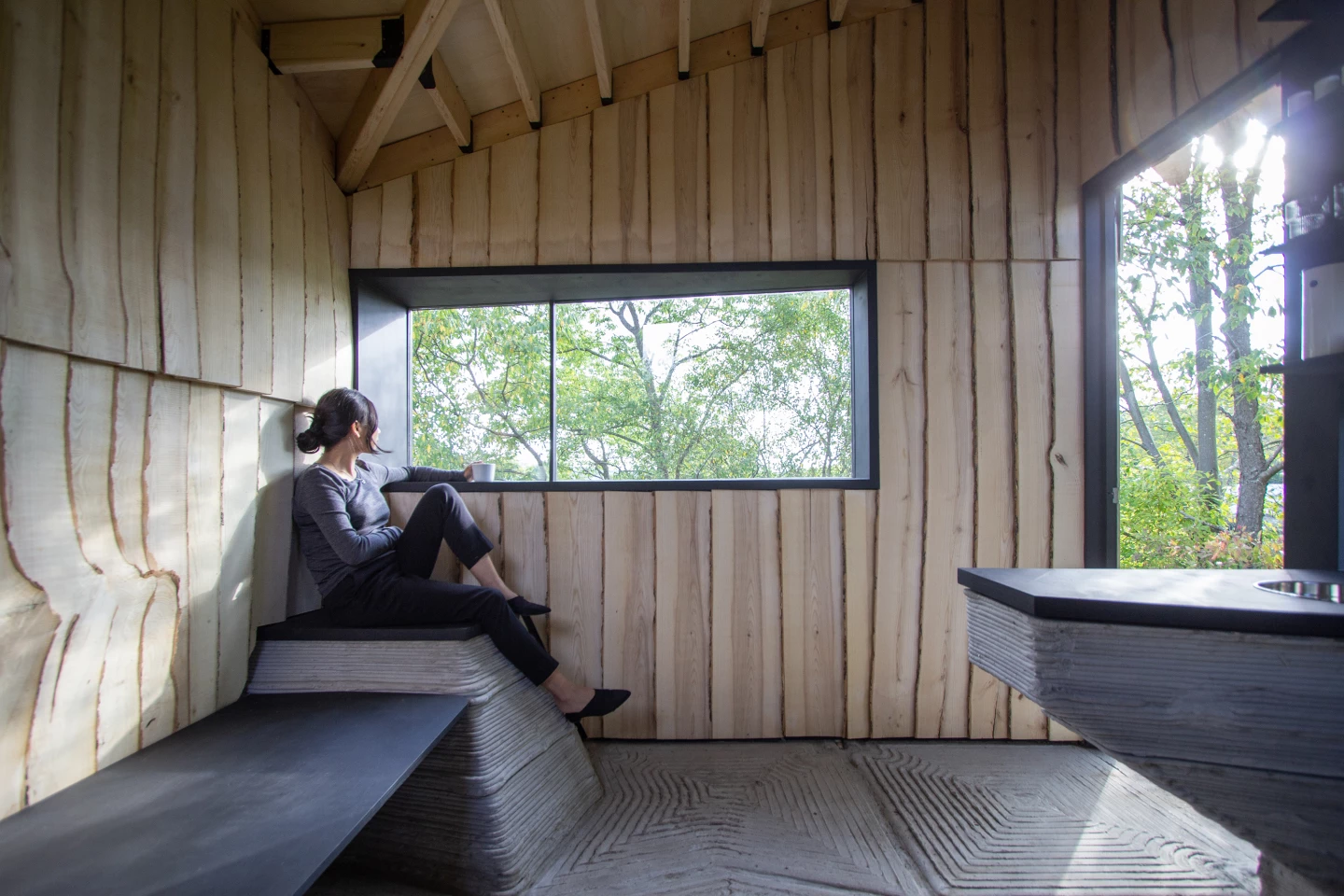 Ashen Cabin's interior decor has a simple rugged appearance thanks to the use of 3D-printed concrete and beetle-damaged wood