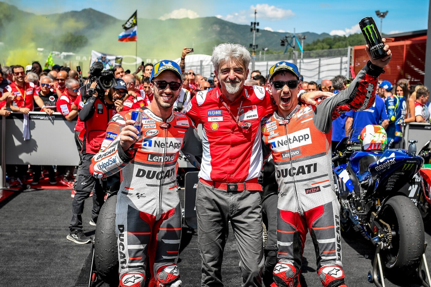 Lorenzo's form on the Desmosedici prior to the Italian Grand Prix on June 4, 2018 involved his longest ever win-less stretch in MotoGP, with just two third places to his credit while "Desmo Dovi" (Andrea Dovizioso) used an identical bike to score seven wins, a second and a third place. Yet some seemingly innocuous changes to the tank and seating position on Lorenzo's Desmosedici suddenly transformed his race pace back to alien levels and Ducati scored a stunning 1-2 victory just 90 km (55 mi) down the road from Borgo Panigale.