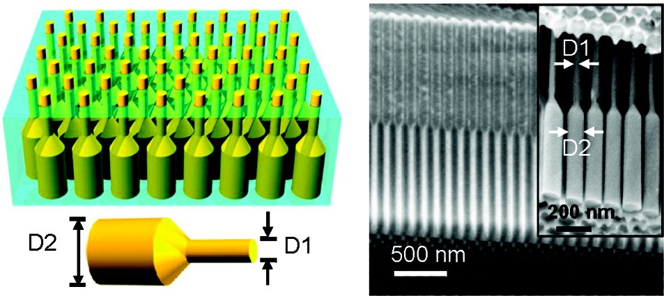 A schematic of a germanium nanopillar array embedded in an alumina foil membrane (left), and SEM images of a blank alumina membrane with dual-diameter pores (right) (Images: Ali Javey)