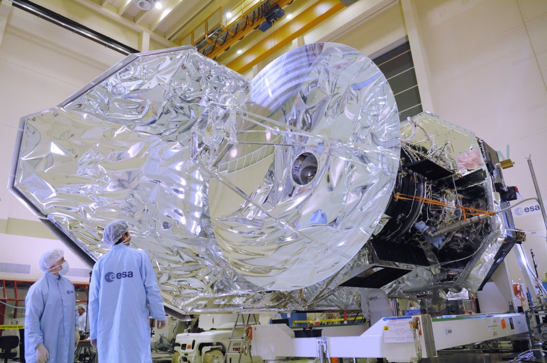 The Herschel telescope, as seen during testing in a cleanroom prior to launch