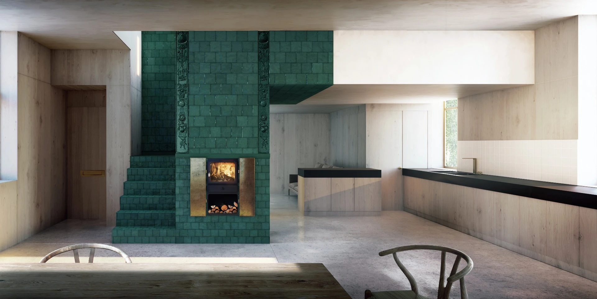 Skene Catling de la Peña’s central stove includes an integrated staircase, fireplace, hob and oven
