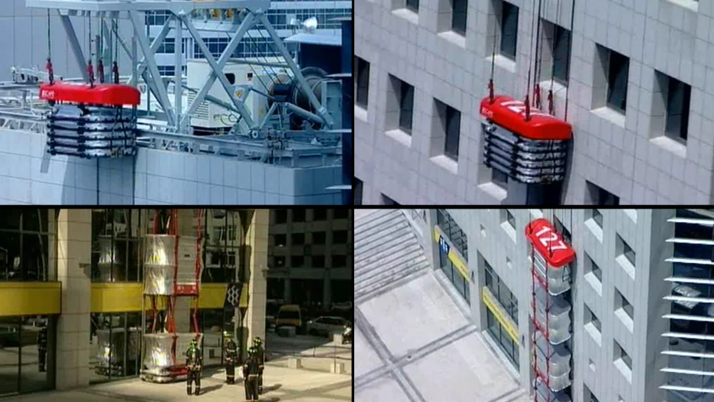 The Escape Rescue System can transport rescue personnel up the building and evacuate building tenants down