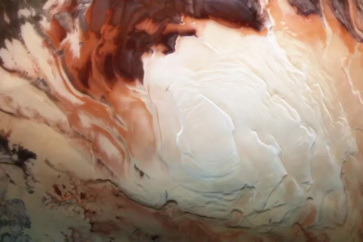 The ice cap at the south pole of Mars, beneath which liquid lakes were thought to exist