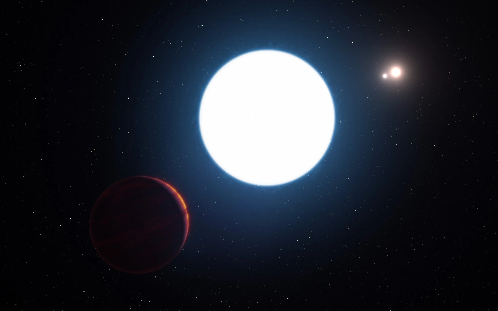 Artist's impression of the exoplanet HD 131399Ab orbiting within the triple star system