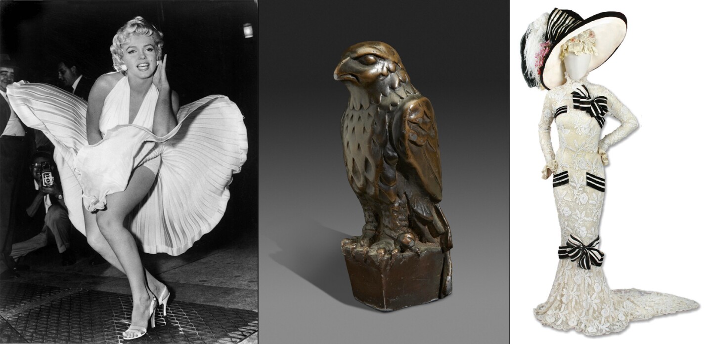 Three of the world's most recognisable movie props which fetched record prices at auction. Marilyn Monroe's dress from “The Seven Year Itch” (left) sold for US$5.52 million, the Maltese Falcon (center) sold for US$4.0 and Audrey Hepburn's dress from “My Fair Lady” (right) sold for US$3.7 million