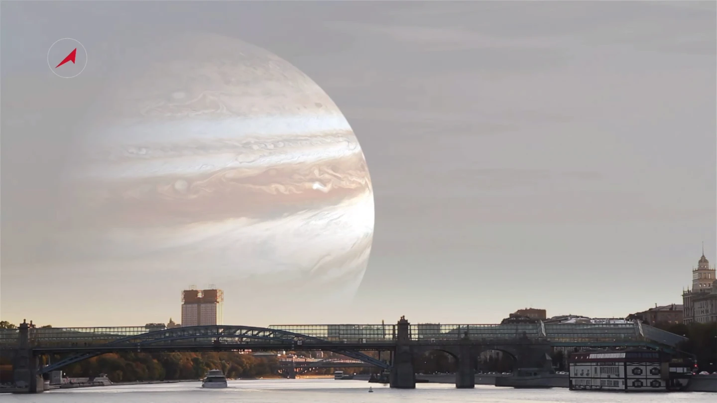Roscosmos image showing the gas giant Jupiter in place of the Moon (Image: TV Roskosmos)