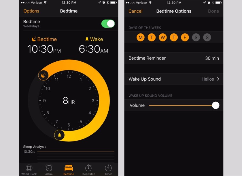 Bedtime adds reminders, progressively louder alarm sounds and sleep analysis to the Clock app