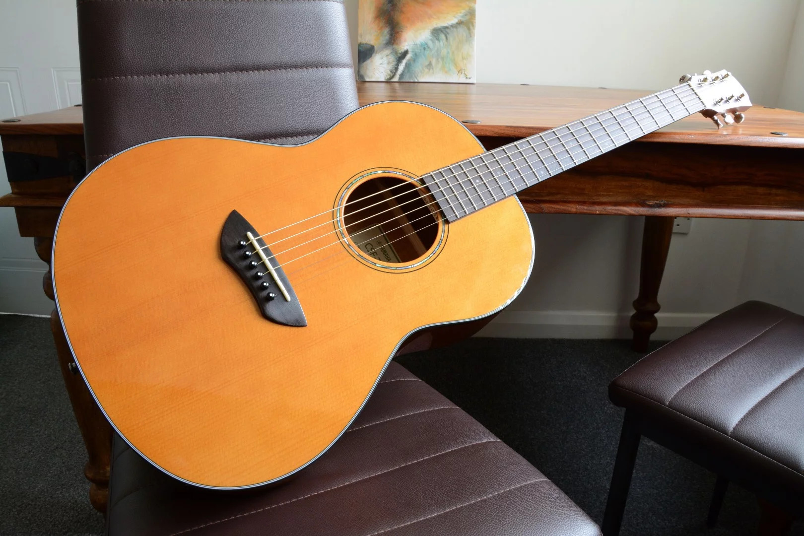 The CSF-TA parlor acoustic has a sitka spruce soundboard, mahogany back and sides and scalloped bracing inside