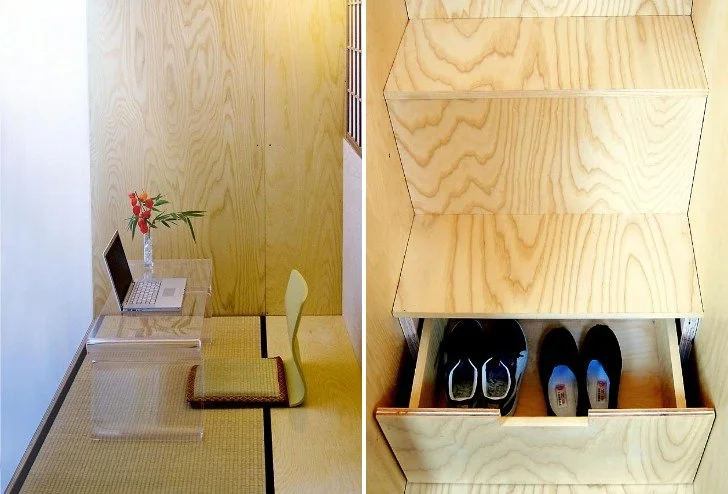 The design features a simple staircase that conceals storage drawers and provides access to the upper meditation zone