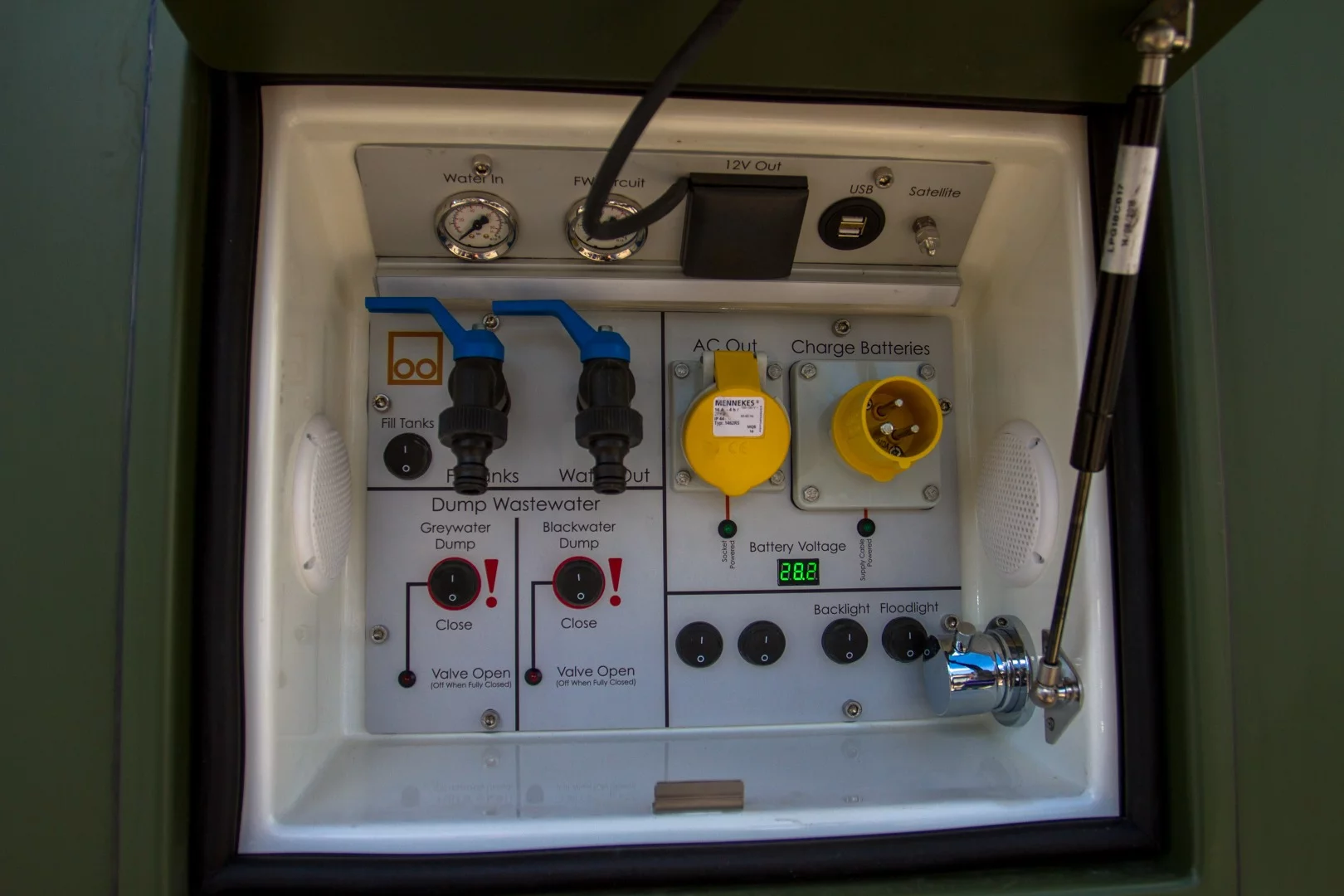 Close-up of the Bliss exterior connection panel, which houses all connection ports and valves together, for easier operation