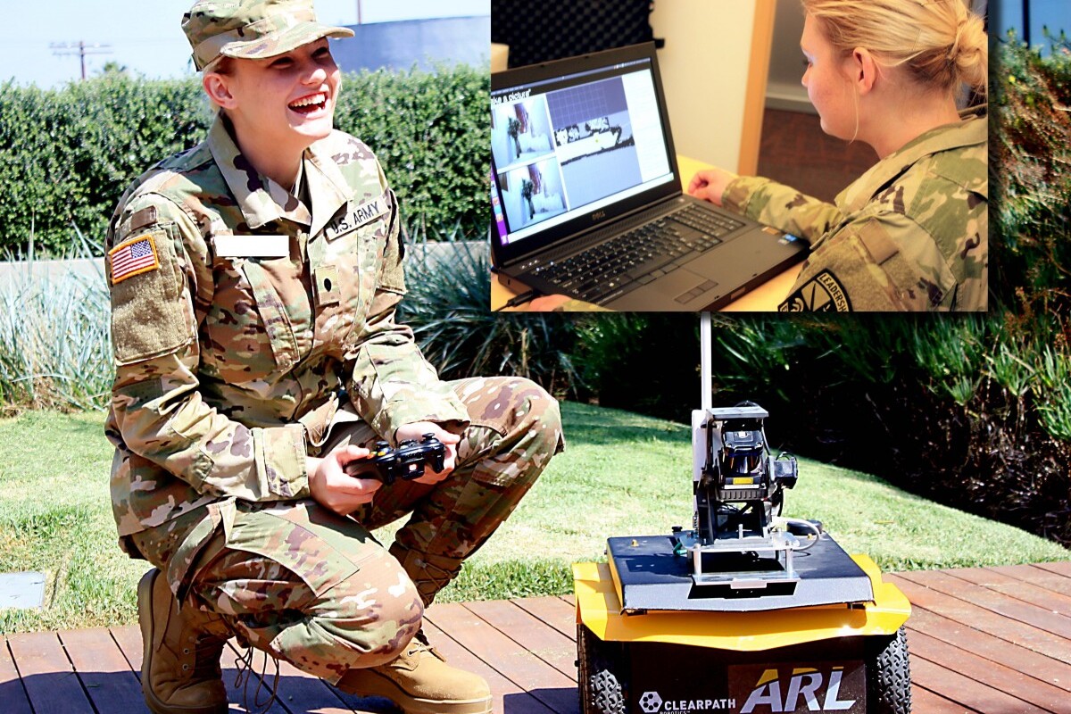 A US Army cadet and ARL West intern assists with research on JUDI