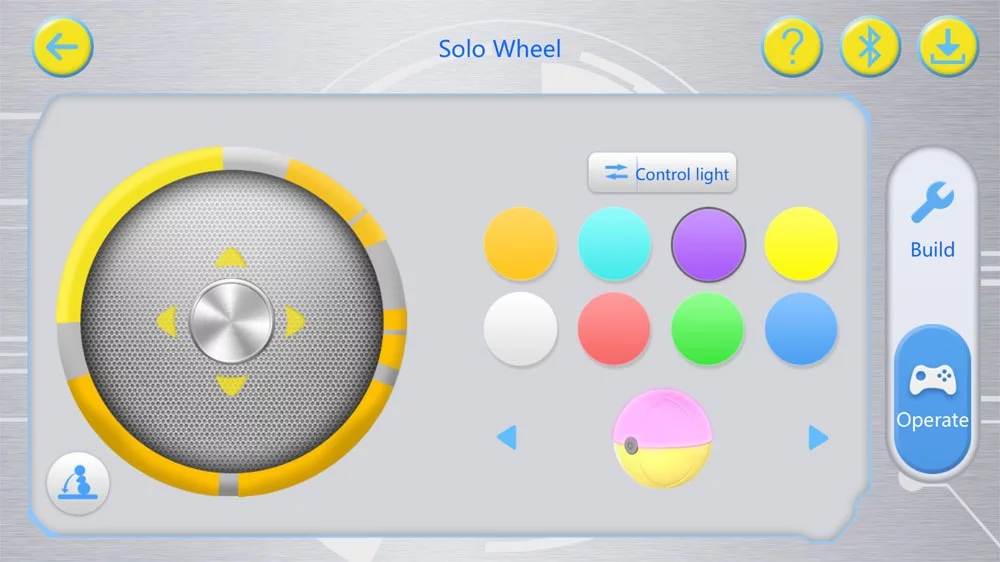Some components, such as the control ball and the wheels, can be color-coded or individually color-selected for aesthetic or control purposes. The Mabot Go app has an interface just for that purpose. The colors also play a role in programming individual wheels