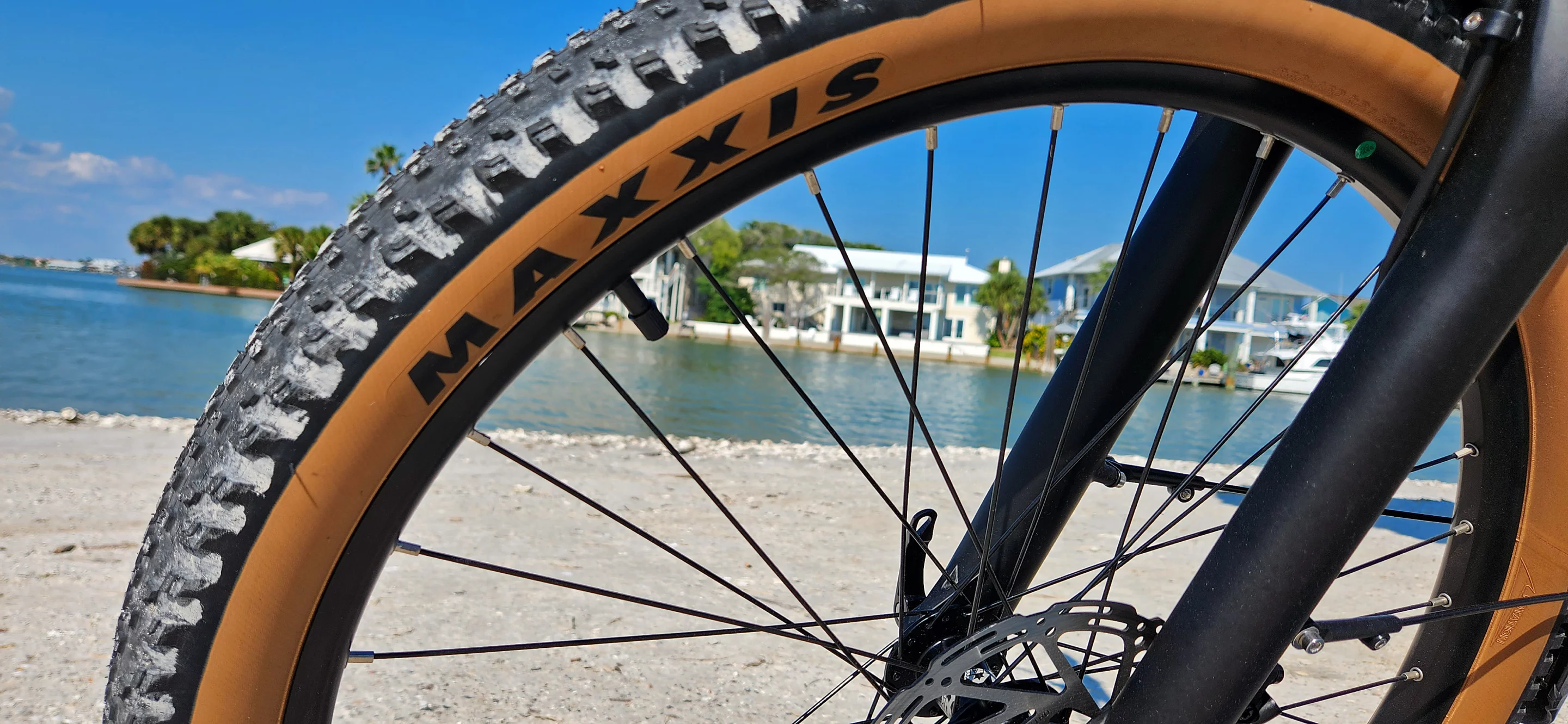 Gum-walled Maxxis Rekon Race rubber for the win. Also regular ol' Schrader valves, so no having to deal with Presta complications