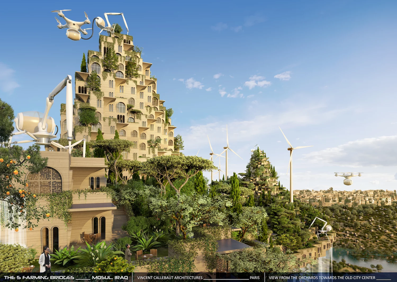 "All debris will be transformed into resources. To feed these 3D spider printers, drones will continuously bring them construction materials coming from the districts in ruins; previously crushed and transformed in recycling centers," adds the architect