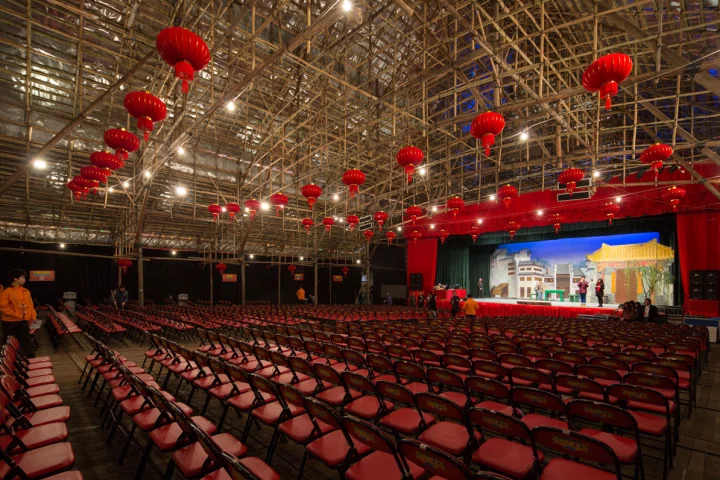The theater stands on the site of the planned Xiqu Centre opera house