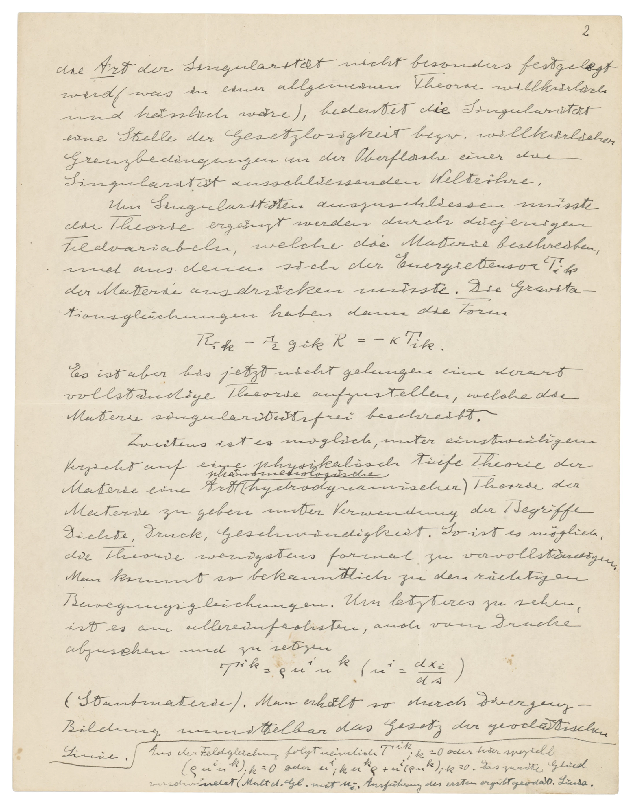In this lengthy handwritten letter to Dr. Ludwik Silberstein dated 24 December 1933, Einstein offers his thoughts on field theories, his ideas of how matter must be represented in them, and how the matter equations of motion must follow from the field equations. Most importantly, the letter contains the famous gravitational field equations from his 1915 General Theory of Relativity( "Rik - ½gikR = - ?Tik”) in his own hand—the only known privately held example. The letter sold for $152,920 on 20 May, 2021