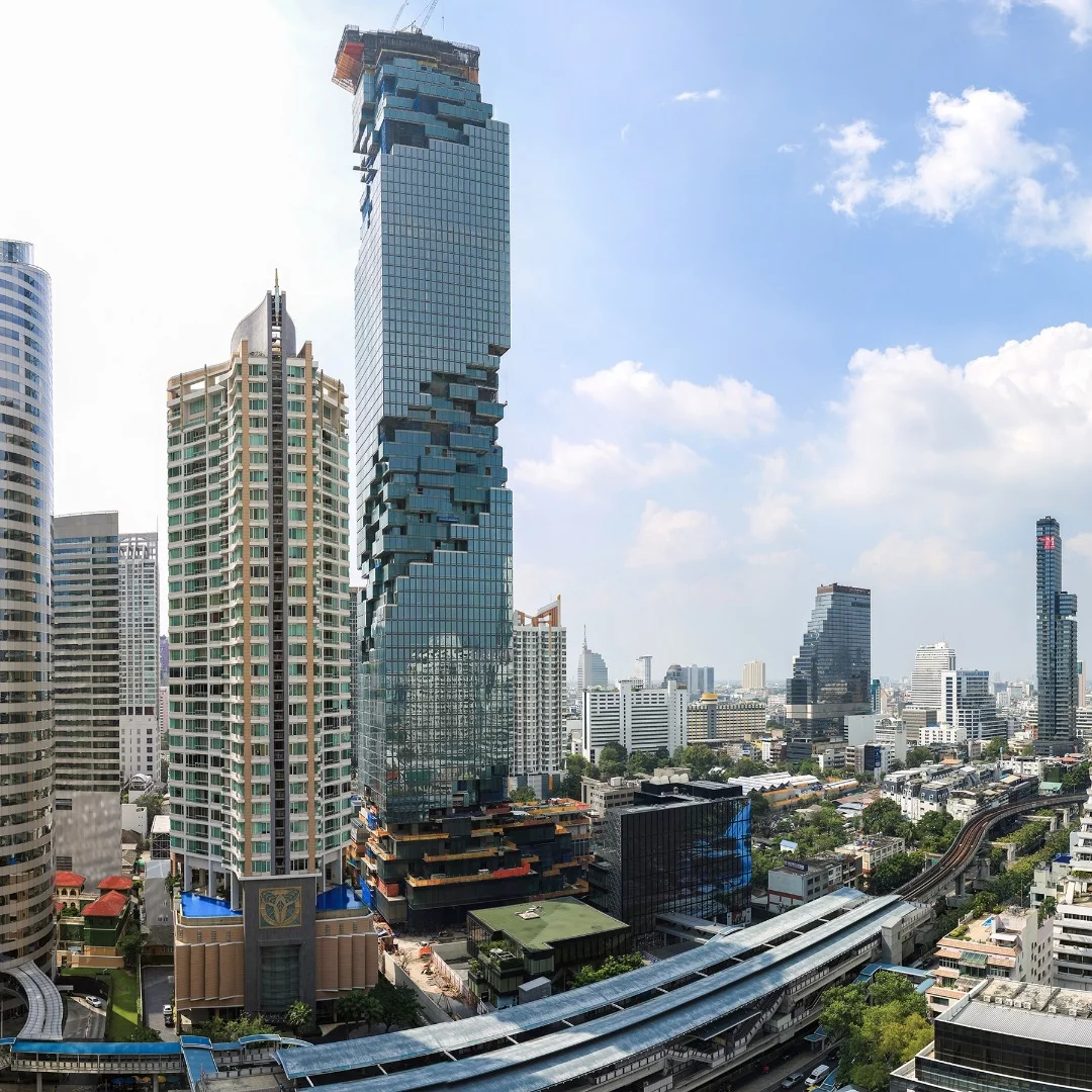 A variety of indoor and outdoor spaces are incorporated into the spiral of the MahaNakhon