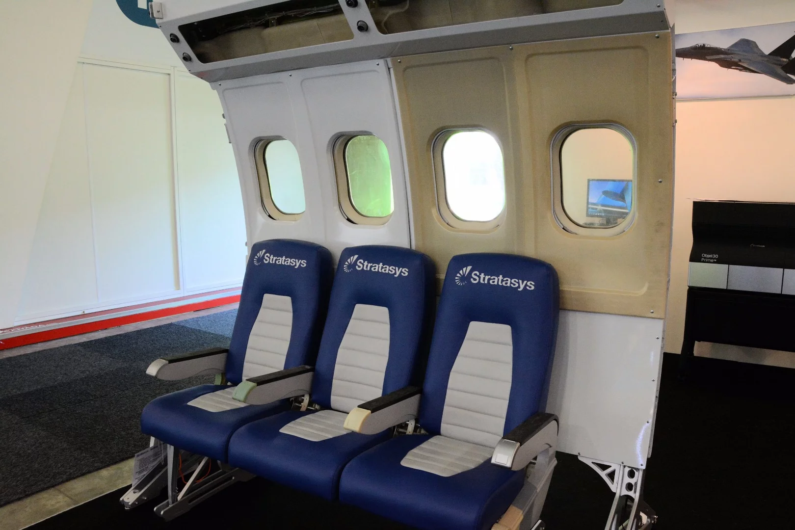 Stratasys demonstrates 3D printing technology used for the production of seat end caps, armrest caps, seat framework, wall panels and HVAC air ducts