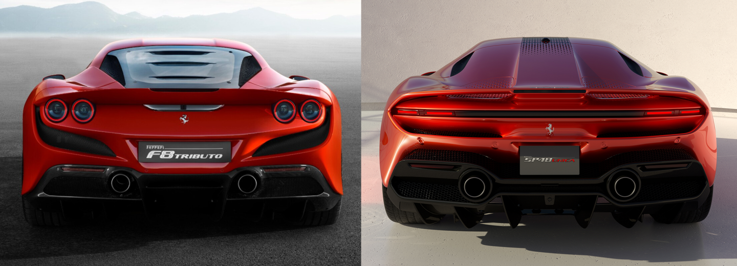 The Unica (right) debuts a super-futuristic rear end compared to the F8 Tributo (left)