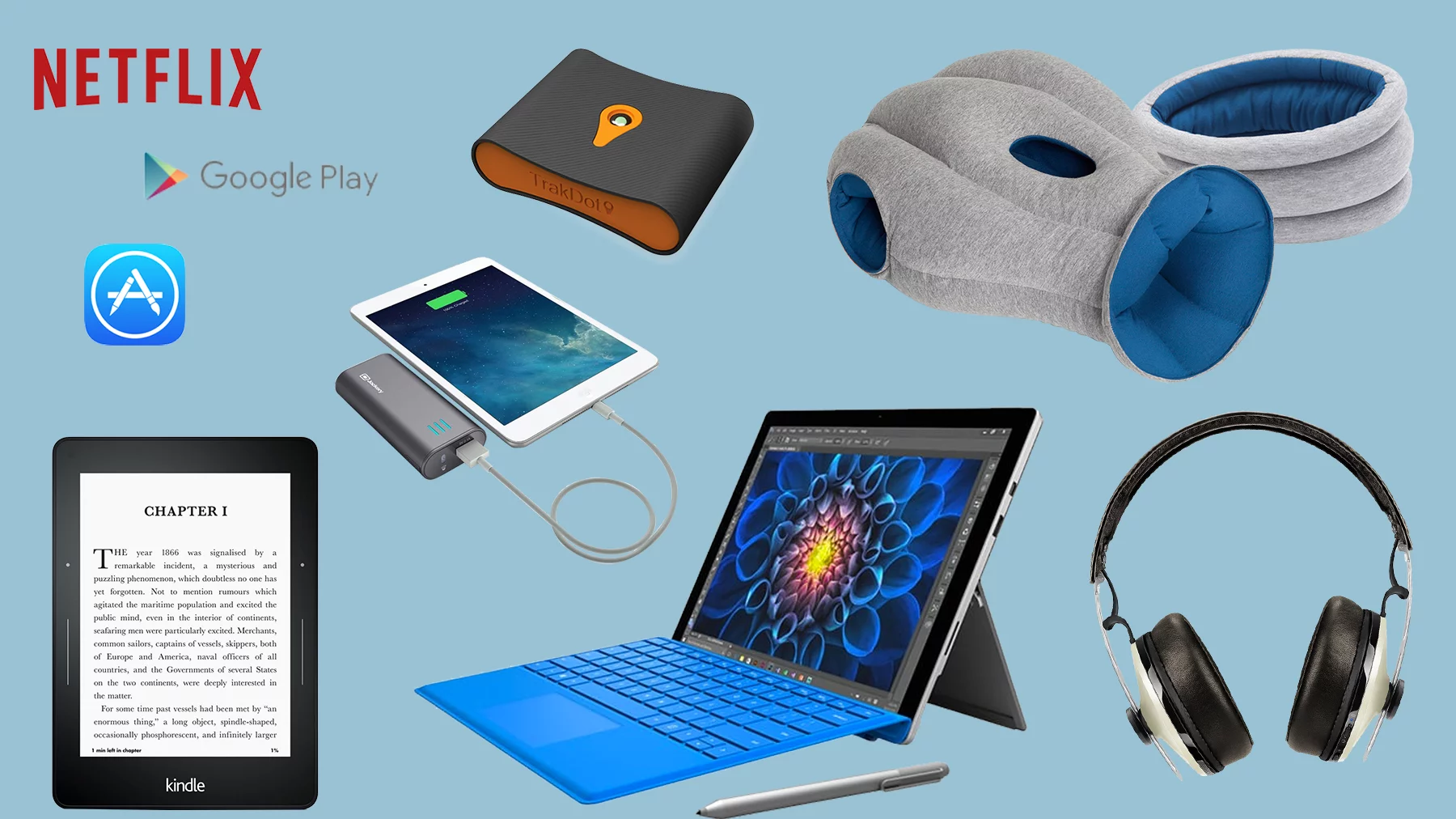 New Atlas' top gift picks for travelers include mobile content, luggage trackers, portable chargers, high-tech travel pillows, noise-canceling headphones, e-readers and super-portable laptops