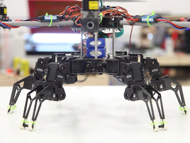 The hexapod hexacopter hybrid features carbon fiber plates