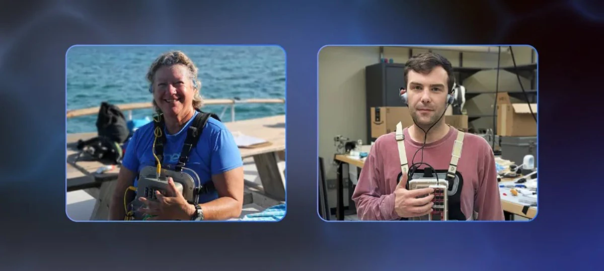 Left: Dr. Denise Herzing wearing 'Chat Senior' in 2012; Right: Georgia Tech PhD Student Charles Ramey wearing the updated 'Chat Junior' in 2025