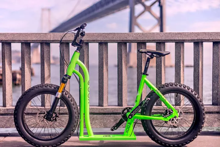 The Moox Bike can be kicked along or pedalled