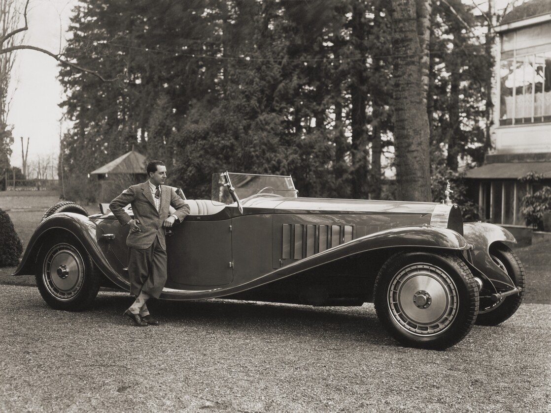 Jean Bugatti with a Bugatti Royale Roadster. Should such a vehicle go to auction today, it would threaten the world auction record for an automobile