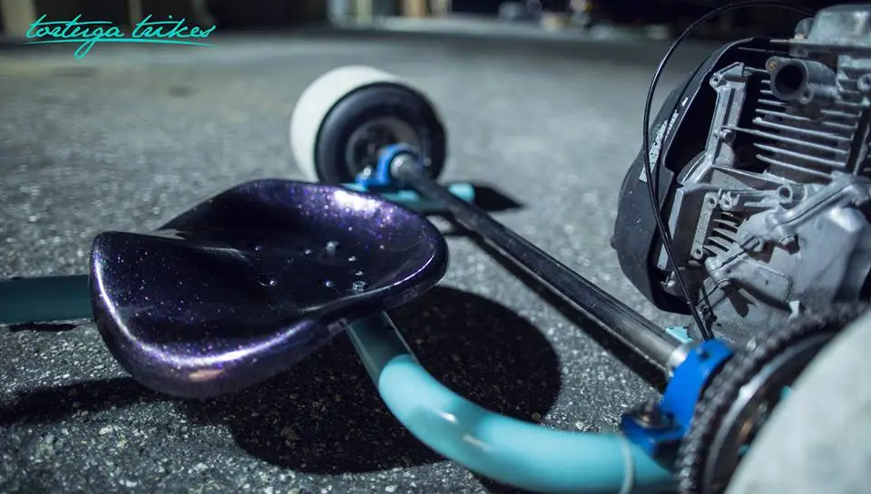 Tortuga is offering its gas-powered trike powder-coated in 10 colors: sea foam green, shocker yellow, tangerine with gold flake, white, black (gloss or matte), red, silver, green, bright coral and purple