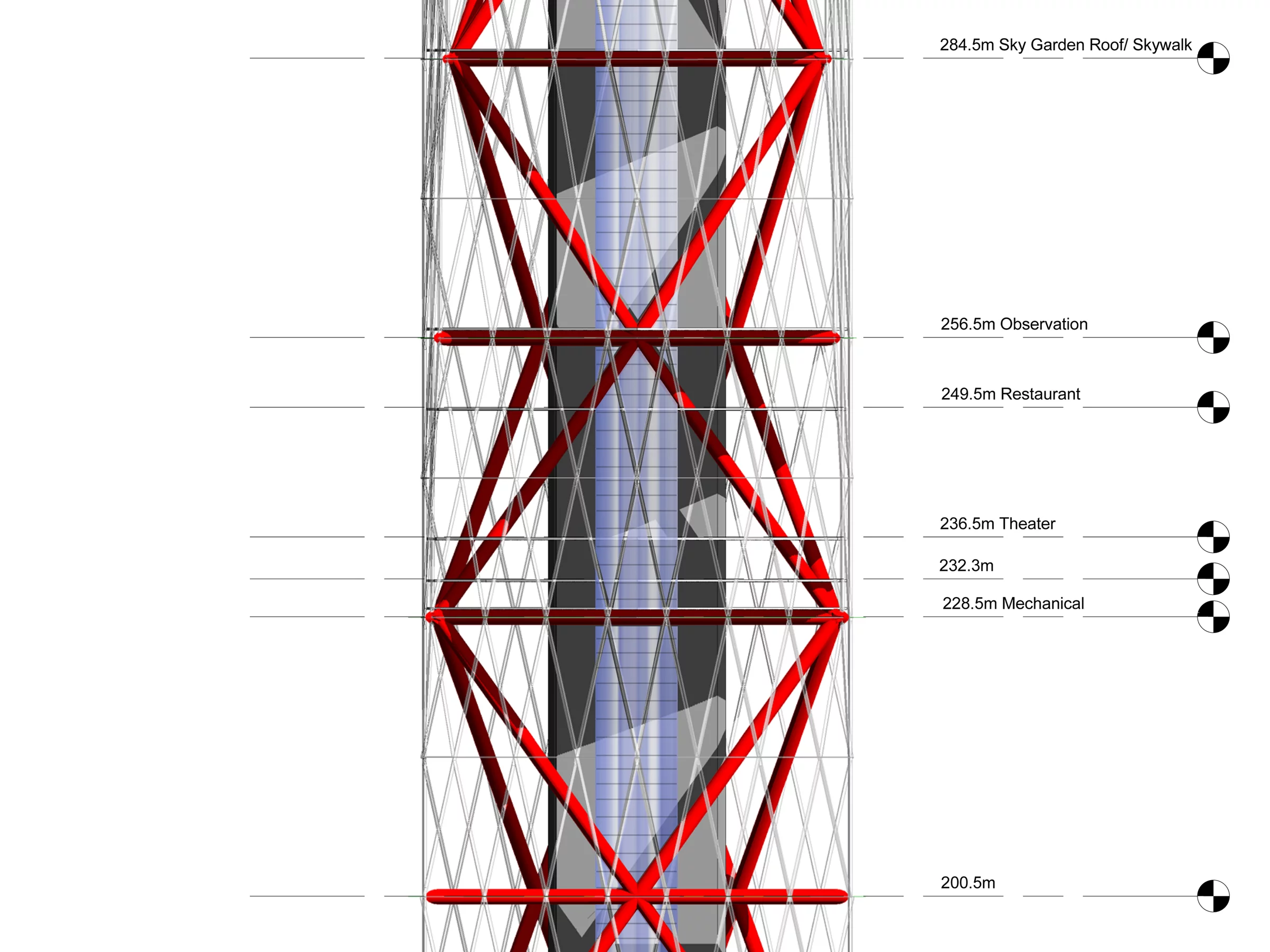 The tower will feature a series of mega-steel support braces, while also being divided into 28 meter (92 ft) long triangular modules