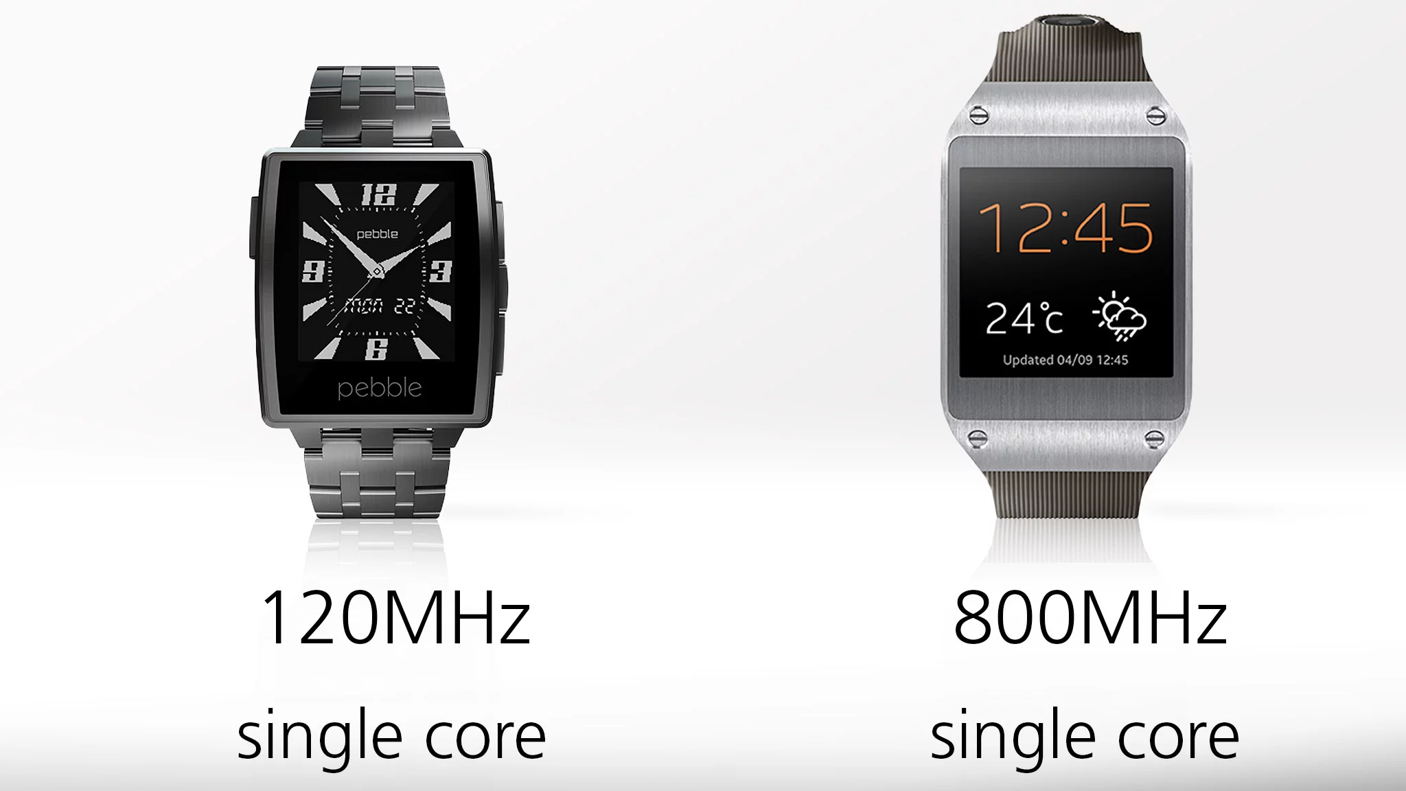 The Galaxy Gear has a faster processor, but we found Pebble Steel to be plenty zippy in our hands-on