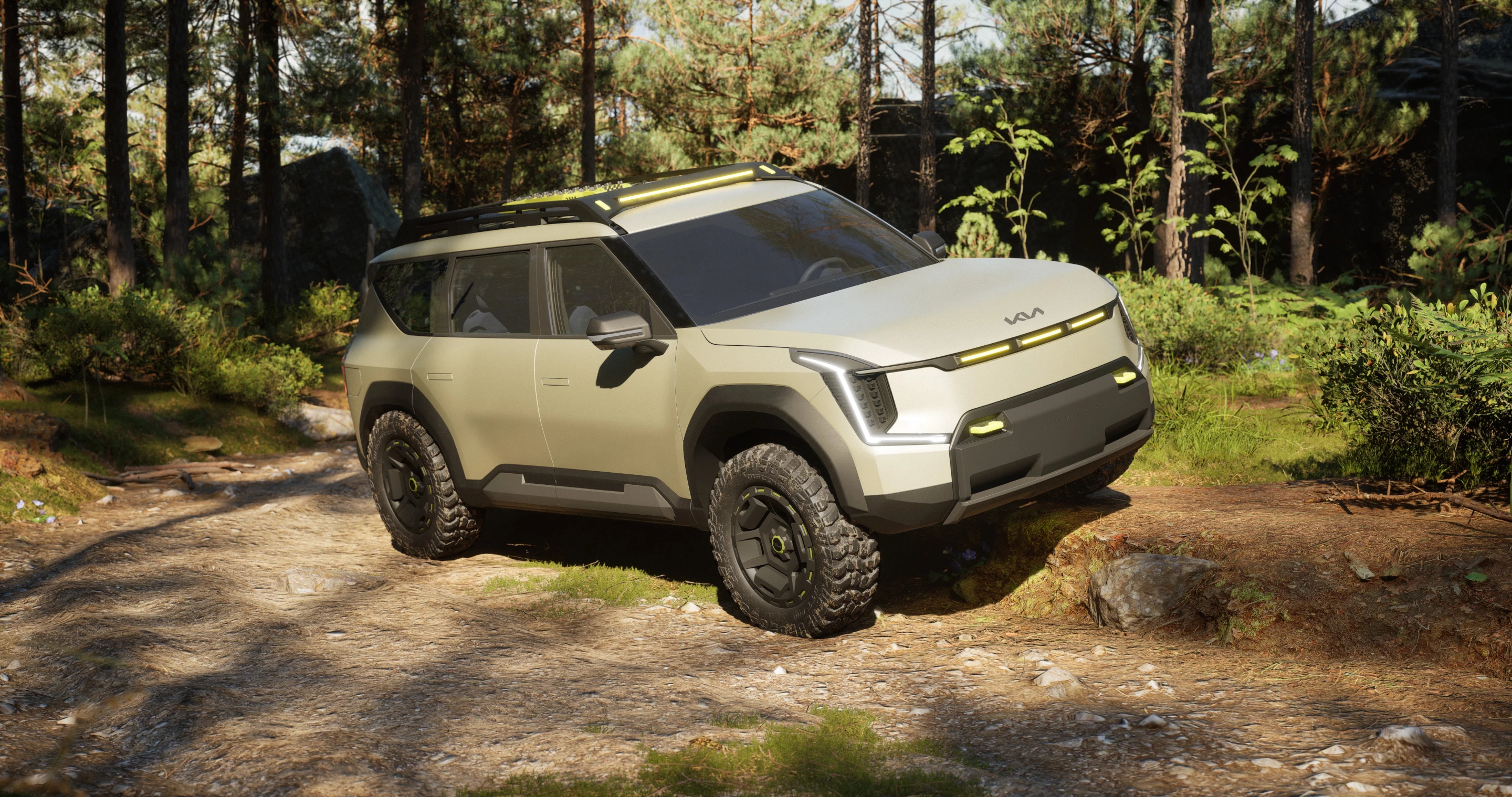 The EV9 ADVNTR concept sees Kia's large electric SUV turn into a ruggedized off-roader with a 3-in suspension lift, reinforced rocker panels and all-terrain tires. It isn't a camper but features a custom roof rack Kia says capable of carrying a rooftop tent