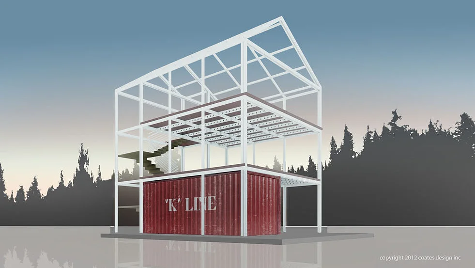 The Eco-Pak house is built around a shipping container within which the extended framework is transported