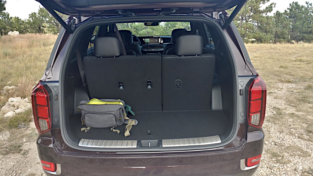 The 2020 Palisade has a large cargo space at 18 cubic feet/510 liters behind the third row, 86.4 cubic feet/2,447 liters in all
