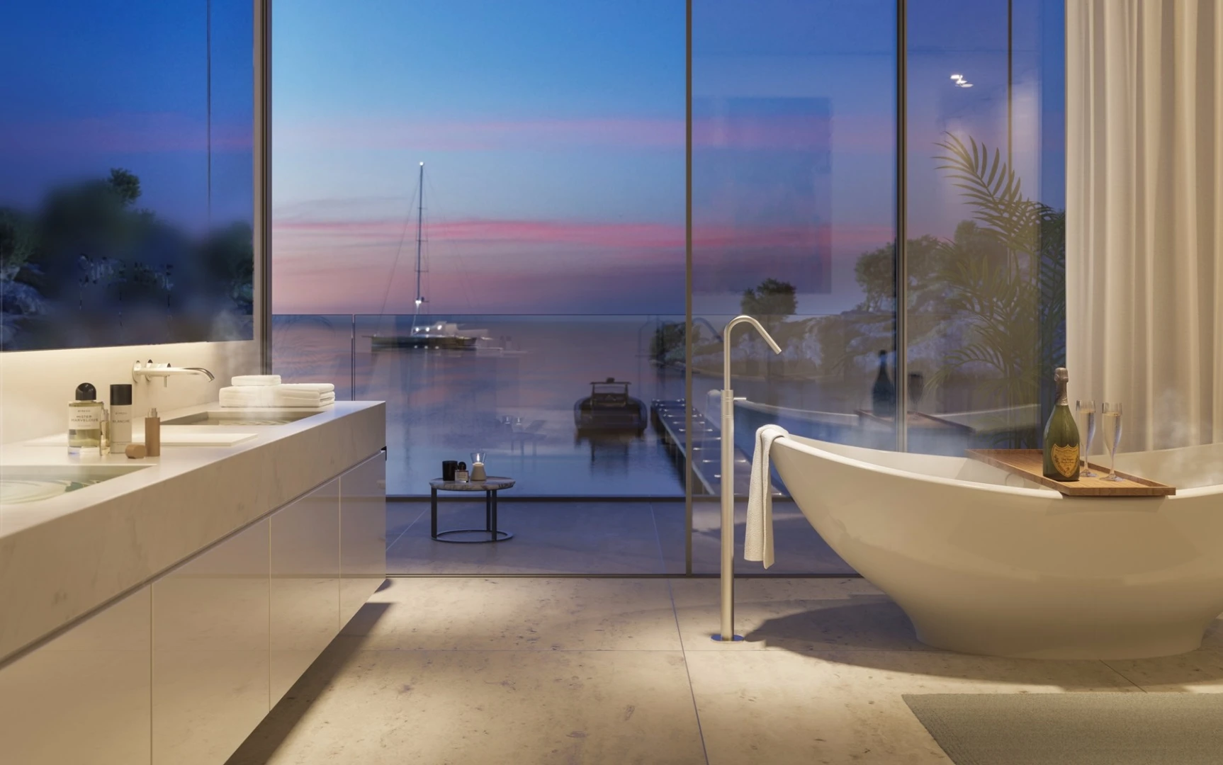 One of the bathrooms in the S 00/30 concept Superhouse provides views over the bay