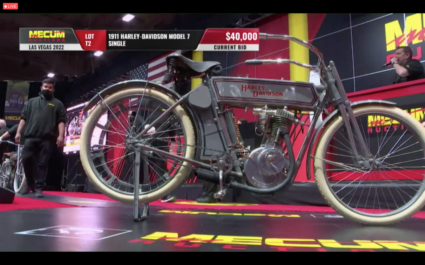 This 1911 Harley-Davidson Model 7 Single Belt Drive sold for $71,500 as Lot T2 at Mecum Auctions' Las Vegas sale on Thursday, 27 January 2022