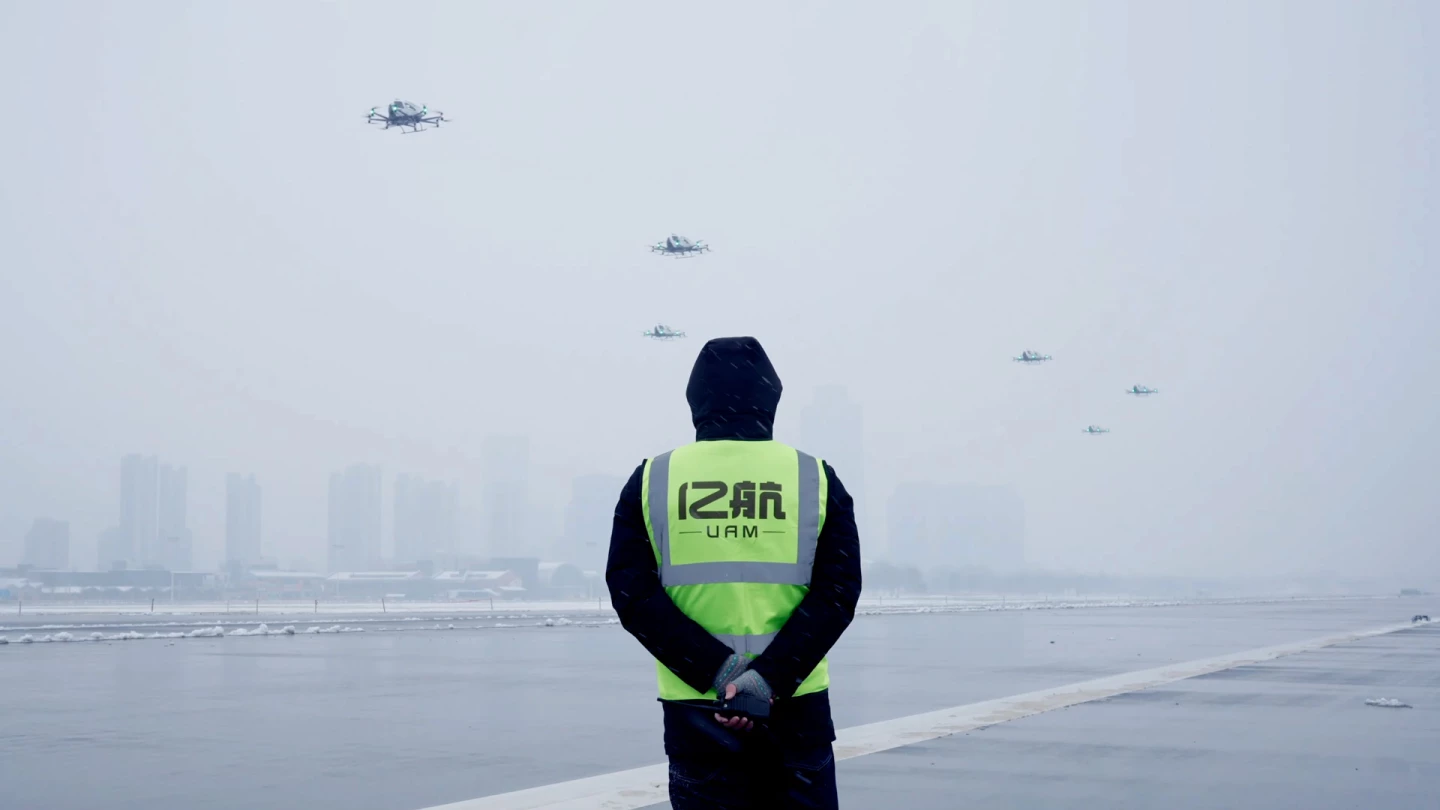 A squadron of EHang EH216-S eVTOLs demonstrating their autonomy in Shenzen earlier this year (2024)
