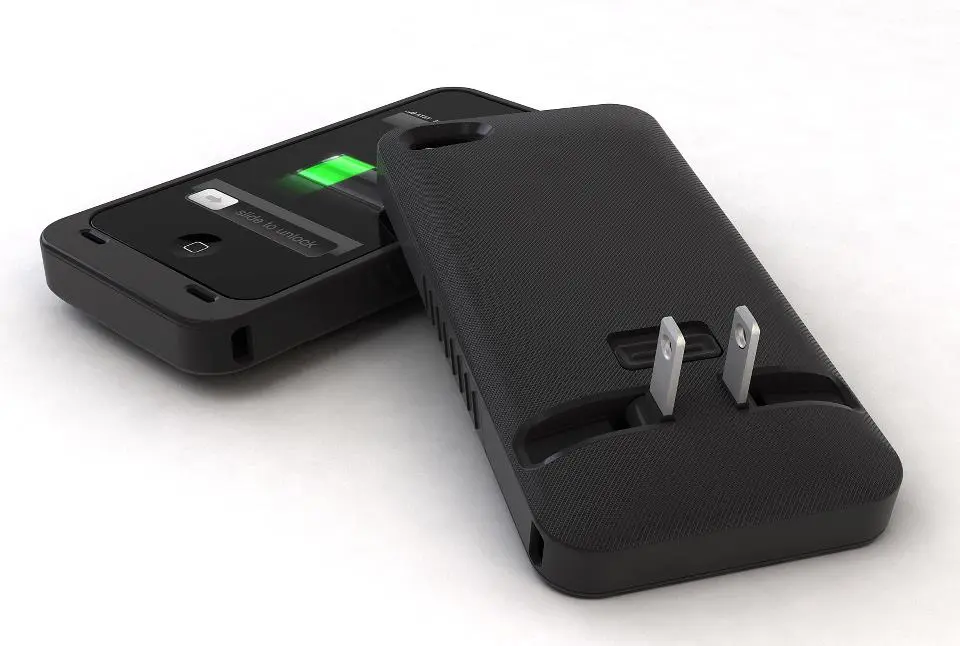 The JuiceTank iPhone case's integrated, collapsible electrical plug eliminates the need for a charging cable