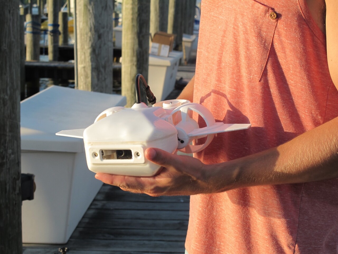 The drone is compact, and fitted with an HD camera