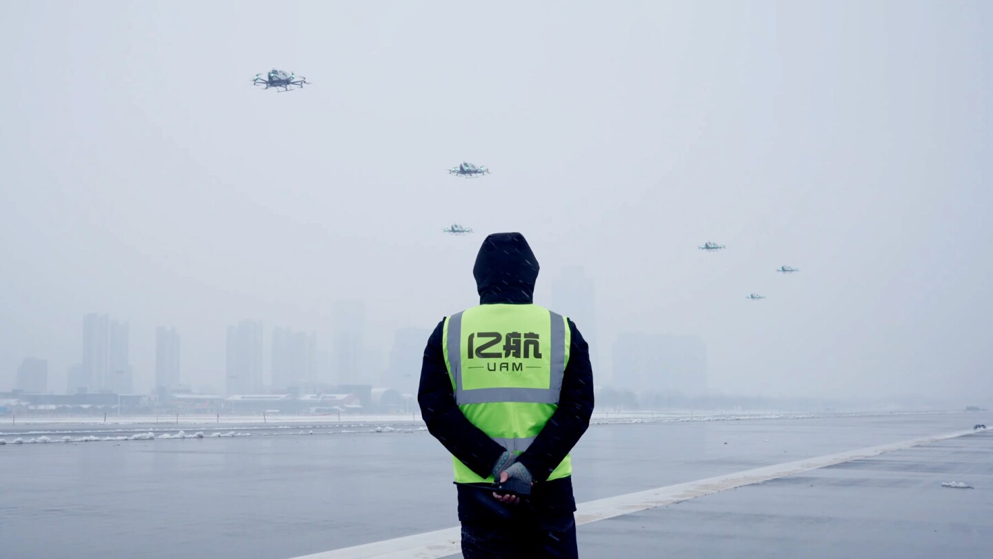 A squadron of EHang EH216-S eVTOLs demonstrating their autonomy in Shenzen earlier this year (2024)
