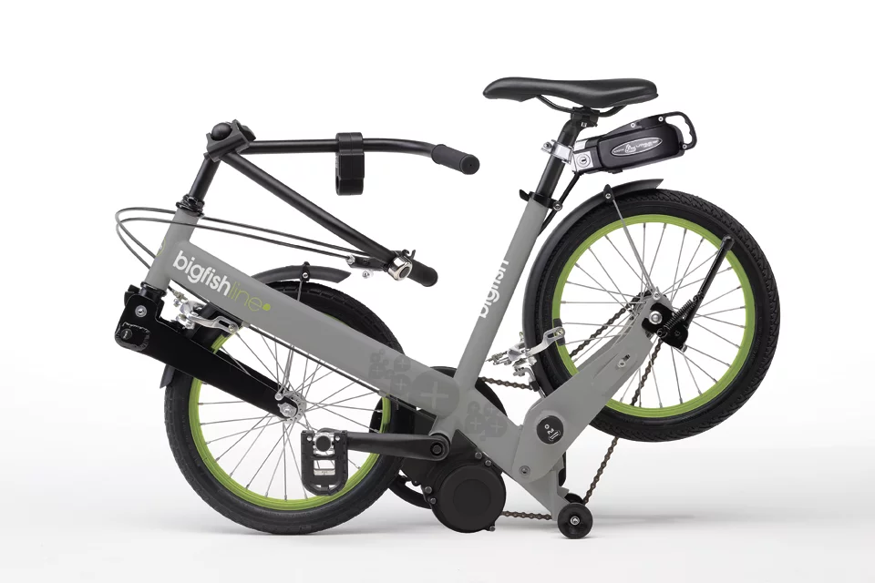The BigFish Line+ E-bike, folded down and ready to tote